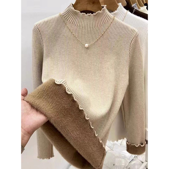 Γυναικεία πλεκτή μπλούζα με mock-neck, επενδυμένη με φλίς, ζεστή και κολακευτική, διακοσμητική άκρη