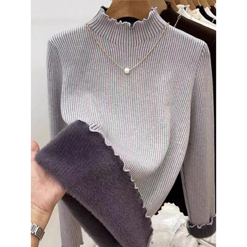 Γυναικεία πλεκτή μπλούζα με mock-neck, επενδυμένη με φλίς, ζεστή και κολακευτική, διακοσμητική άκρη