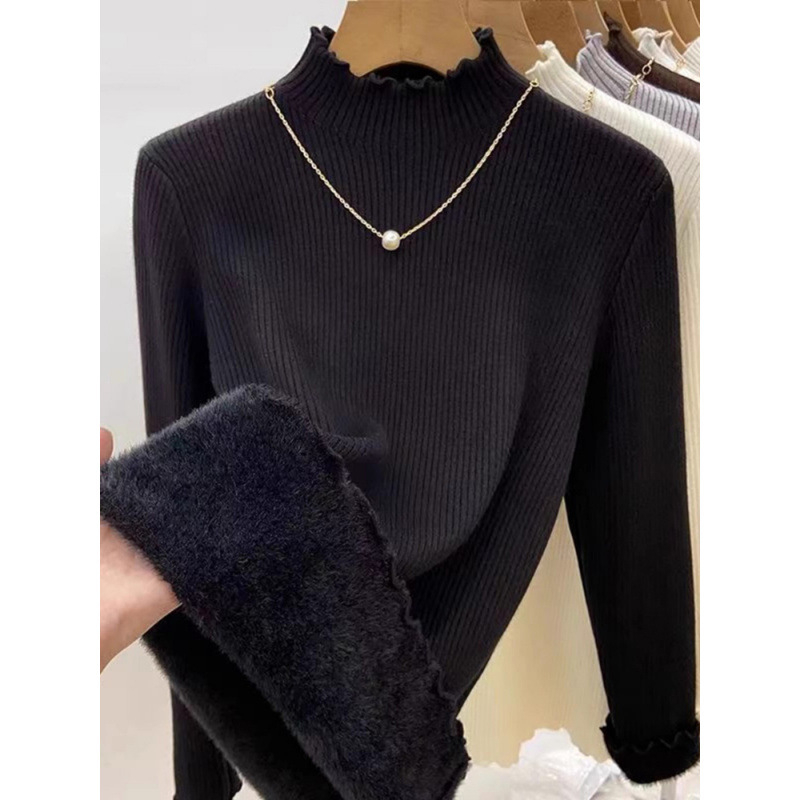 Γυναικεία πλεκτή μπλούζα με mock-neck, επενδυμένη με φλίς, ζεστή και κολακευτική, διακοσμητική άκρη