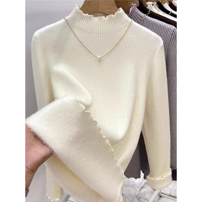 Γυναικεία πλεκτή μπλούζα με mock-neck, επενδυμένη με φλίς, ζεστή και κολακευτική, διακοσμητική άκρη