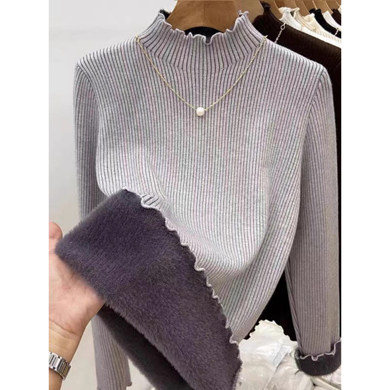 Γυναικεία πλεκτή μπλούζα με mock-neck, επενδυμένη με φλίς, ζεστή και κολακευτική, διακοσμητική άκρη