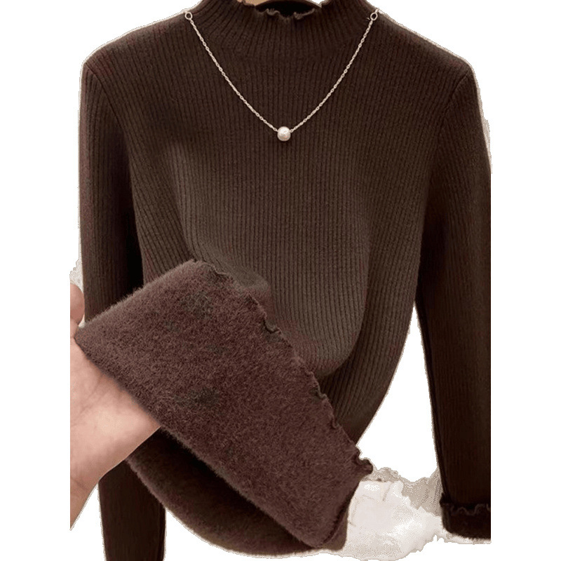 Γυναικεία πλεκτή μπλούζα με mock-neck, επενδυμένη με φλίς, ζεστή και κολακευτική, διακοσμητική άκρη