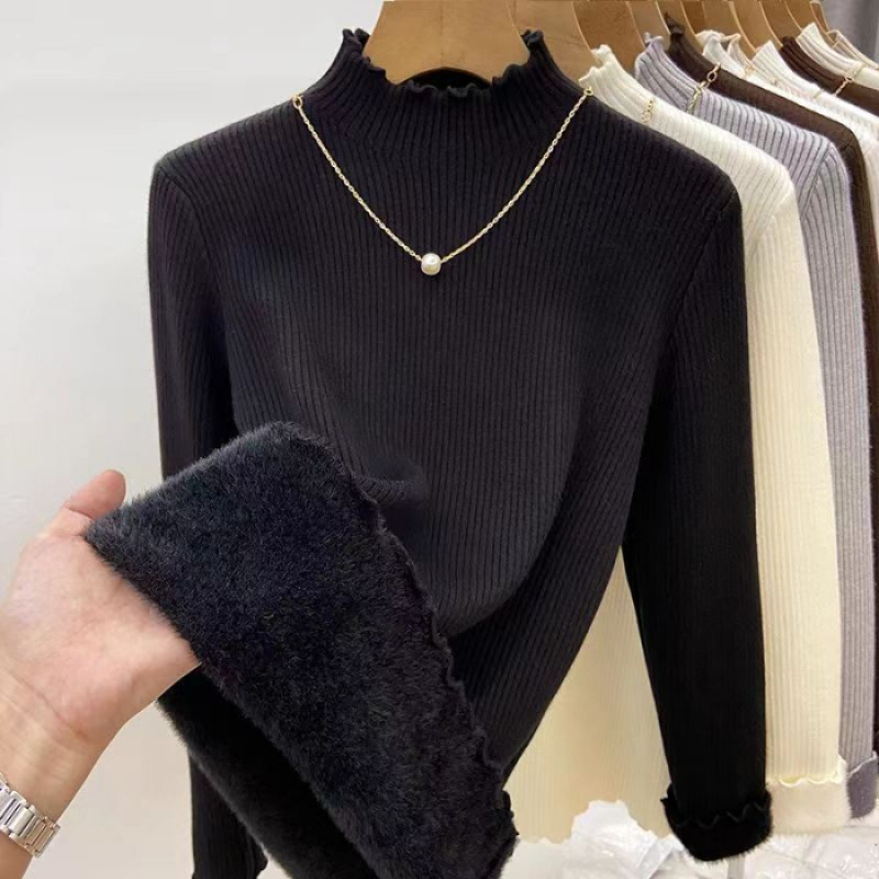 Γυναικεία πλεκτή μπλούζα με mock-neck, επενδυμένη με φλίς, ζεστή και κολακευτική, διακοσμητική άκρη