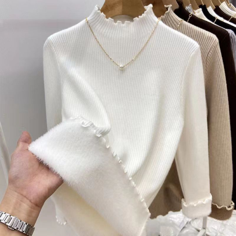 Γυναικεία πλεκτή μπλούζα με mock-neck, επενδυμένη με φλίς, ζεστή και κολακευτική, διακοσμητική άκρη