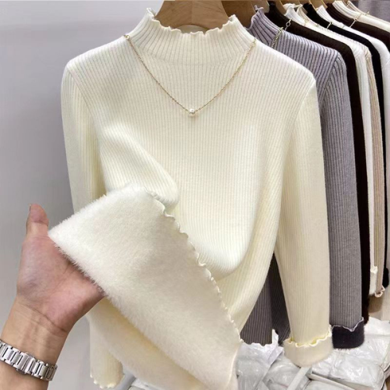 Γυναικεία πλεκτή μπλούζα με mock-neck, επενδυμένη με φλίς, ζεστή και κολακευτική, διακοσμητική άκρη