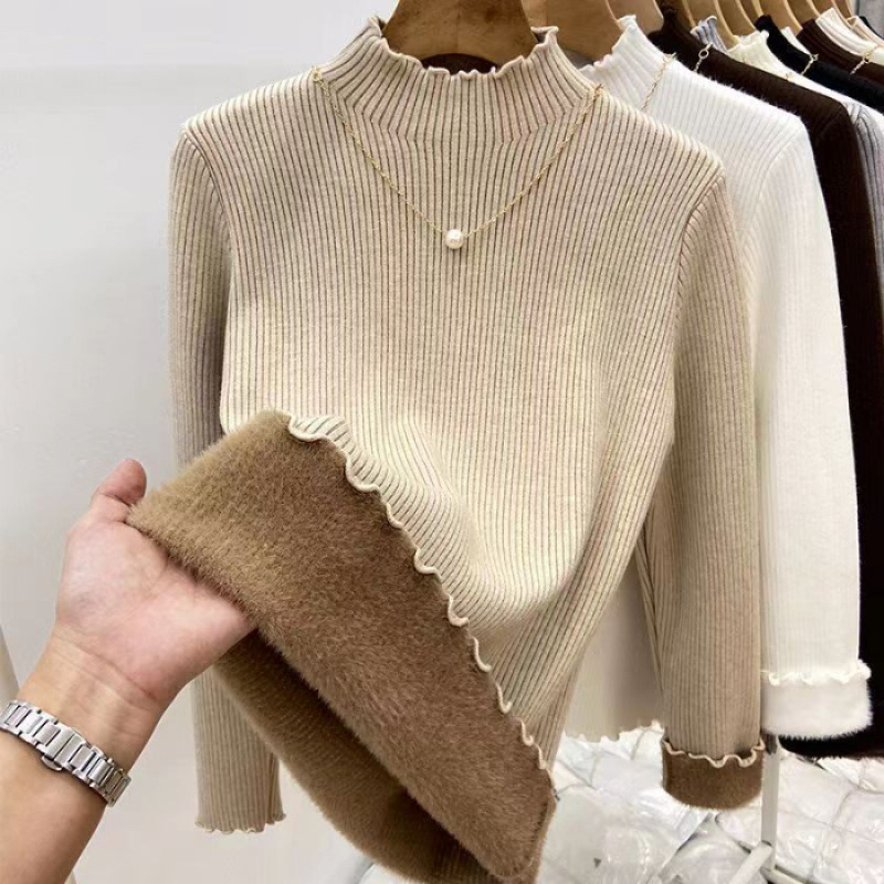 Γυναικεία πλεκτή μπλούζα με mock-neck, επενδυμένη με φλίς, ζεστή και κολακευτική, διακοσμητική άκρη