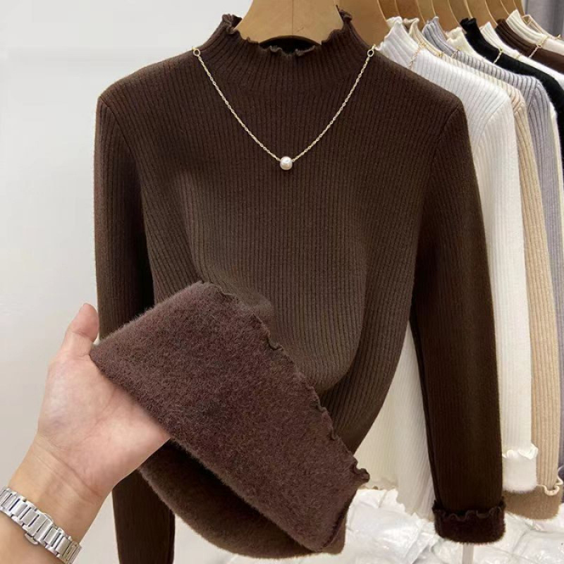 Γυναικεία πλεκτή μπλούζα με mock-neck, επενδυμένη με φλίς, ζεστή και κολακευτική, διακοσμητική άκρη