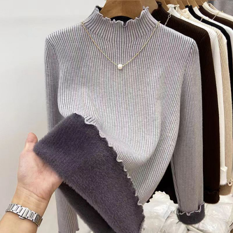 Γυναικεία πλεκτή μπλούζα με mock-neck, επενδυμένη με φλίς, ζεστή και κολακευτική, διακοσμητική άκρη