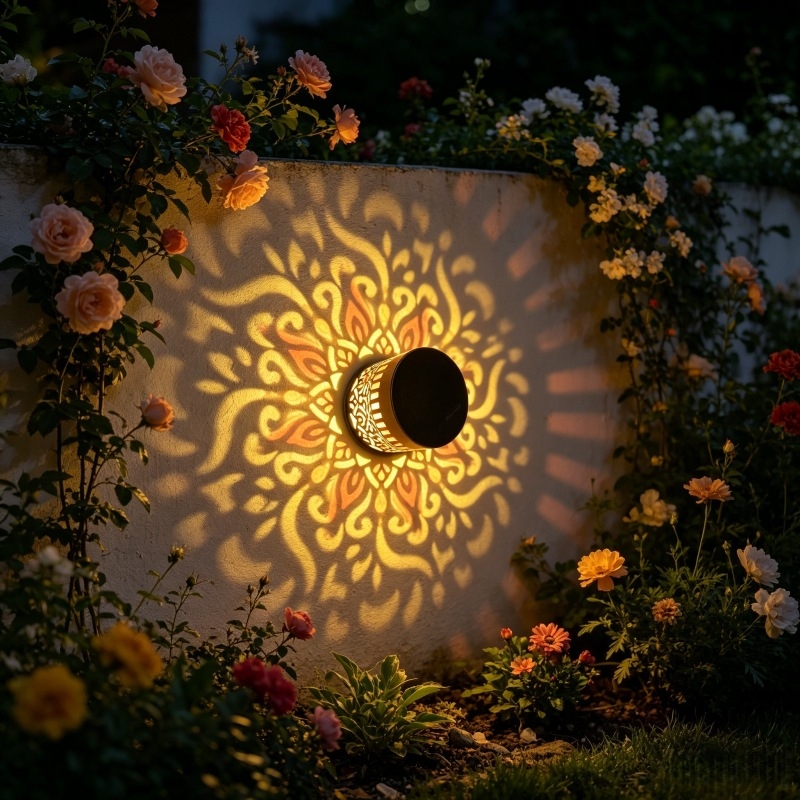 Ηλιακή εξωτερική τοίχικη λάμπα προβολής με μοτίβο μάνταλα, ηλίανθος και πιόνια