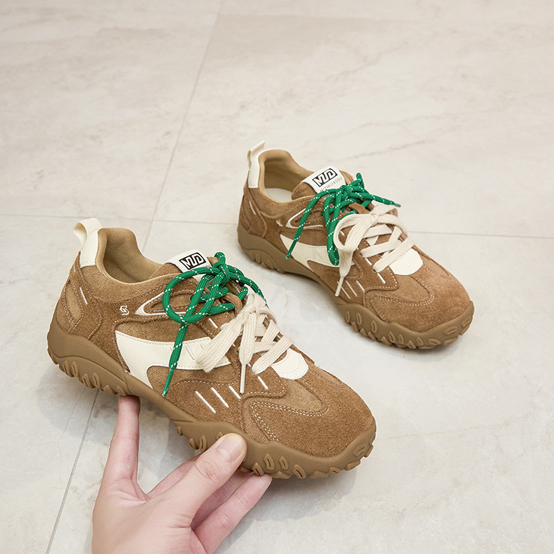 Női velúr sneaker vastag talppal, dizájn színblokkal, kettős fűzőkkel, Forrest Gump-stílusú casual cipő
