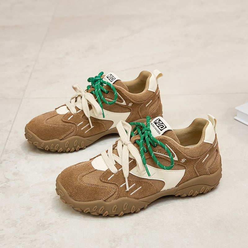 Női velúr sneaker vastag talppal, dizájn színblokkal, kettős fűzőkkel, Forrest Gump-stílusú casual cipő