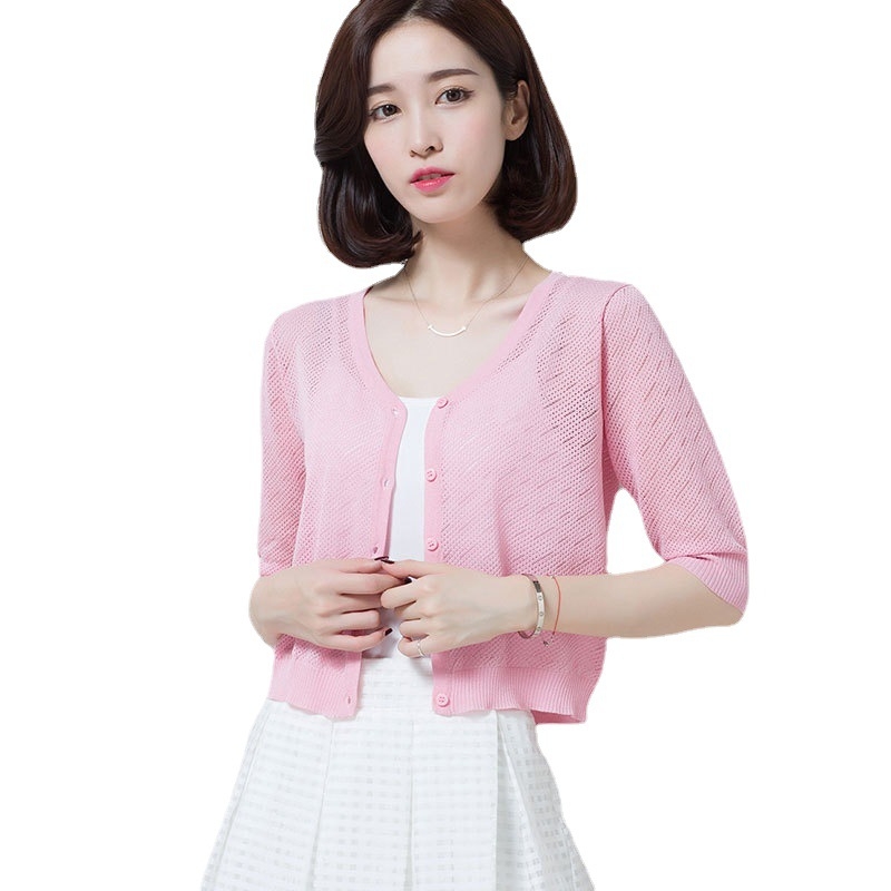 Κοντός πλεκτός cardigan από ice-silk, ελαφρύ καλοκαιρινό σακάκι προστασίας από τον ήλιο, λεπτό γιλέκο με διατρήσεις, δροσιστικό τοπ, ελαφρύ εξωτερικό