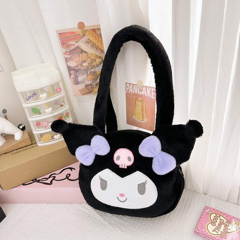 Geantă crossbody pluș cu Kuromi, velur, formă rotundă, drăguță, 2024