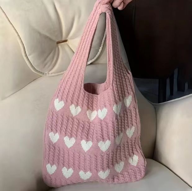 Geantă tricotată cu inimă, pentru femei, elegantă poșetă de mână sau de umăr