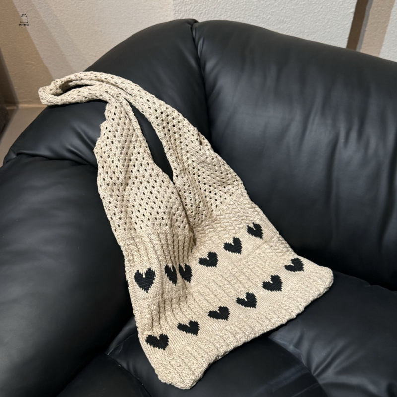 Geantă tricotată cu inimă, pentru femei, elegantă poșetă de mână sau de umăr