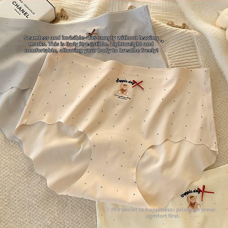 Γυναικείες εσώρουχες από ice silk, μεσαία μέση, εφαρμοστό στους γοφούς, αντιβακτηριακές, βαμβακερή επένδυση, επεκτεινόμενος σχεδιασμός με αρκούδα