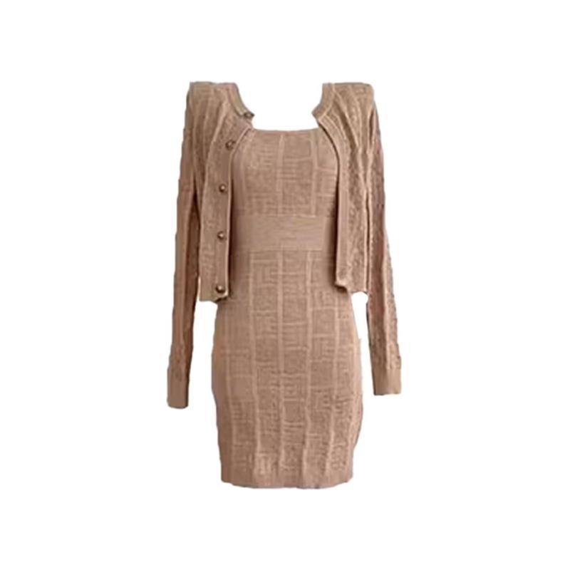 Dvostruki pleteni set: kratka bodycon haljina i dugi kardigan s rukavima u obliku roga, rayon