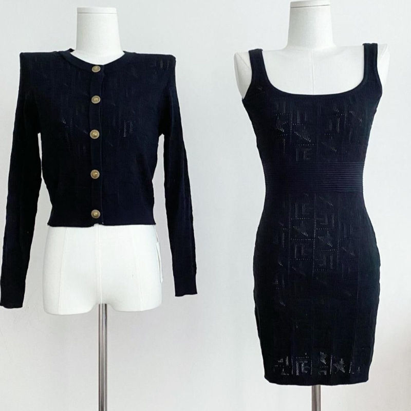 Dvostruki pleteni set: kratka bodycon haljina i dugi kardigan s rukavima u obliku roga, rayon