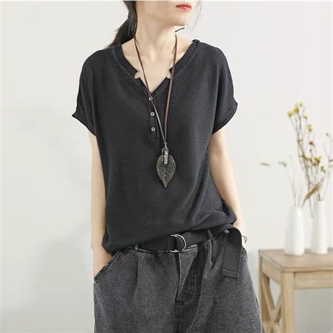 Ženski pleteni T‑shirt s V izrezom, kratki rukav, lagan i širok kroj, korejski stil