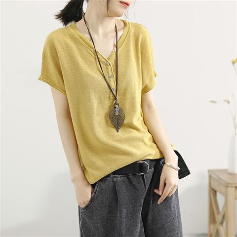 Ženski pleteni T‑shirt s V izrezom, kratki rukav, lagan i širok kroj, korejski stil