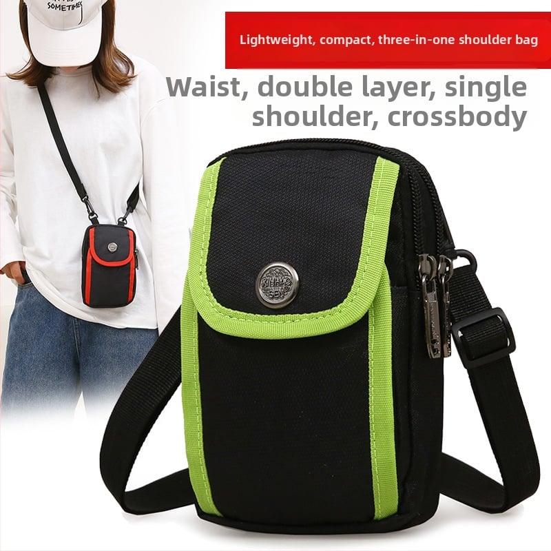 Geantă crossbody din nylon, multifuncțională pentru exterior și utilizare zilnică, unisex, stil street minimalist, formă compactă vertical pătrată, buzunar pentru telefon și fermoar interior.