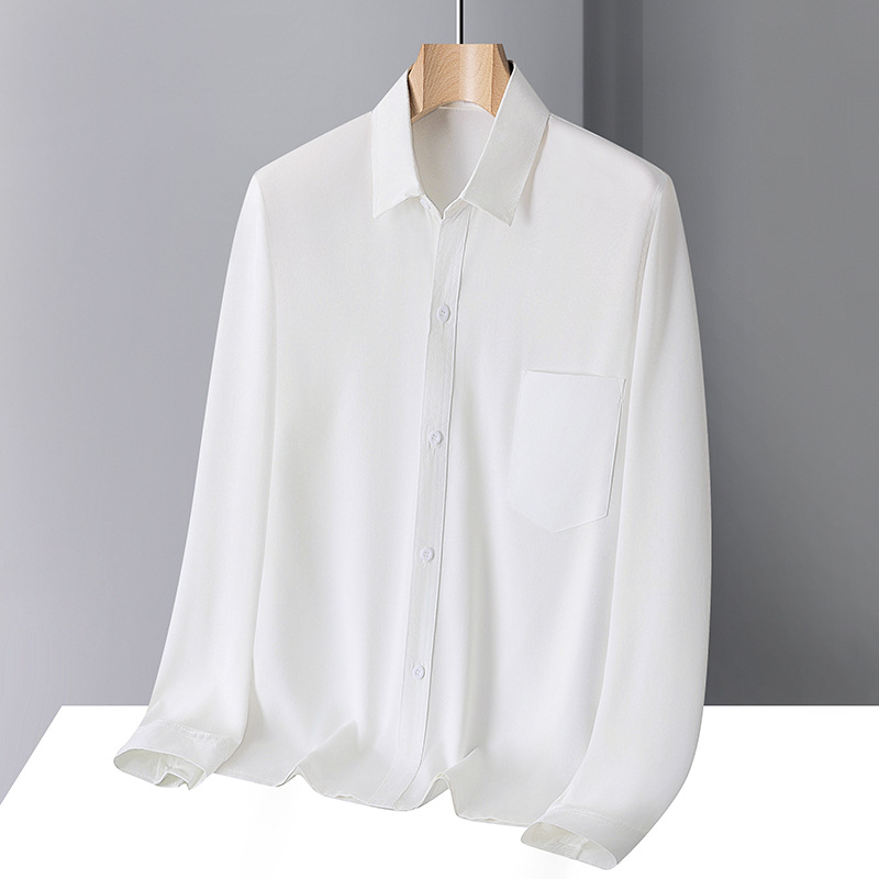 Ανδρικό πουκάμισο από ύφασμα ice-silk, μακρύ μανίκι, αντιτσαλάκωμα, casual μονόχρωμο, χαλαρή εφαρμογή