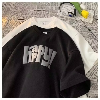 Ανδρικό T-shirt από βαμβάκι, καλοκαίρι 2026, χαλαρή γραμμή, ραγκλάν μανίκια, στρογγυλός λαιμός, εκτύπωση hip-hop με γεωμετρικά μοτίβα