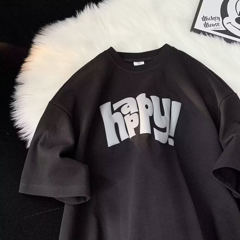 Ανδρικό T-shirt από βαμβάκι, καλοκαίρι 2026, χαλαρή γραμμή, ραγκλάν μανίκια, στρογγυλός λαιμός, εκτύπωση hip-hop με γεωμετρικά μοτίβα