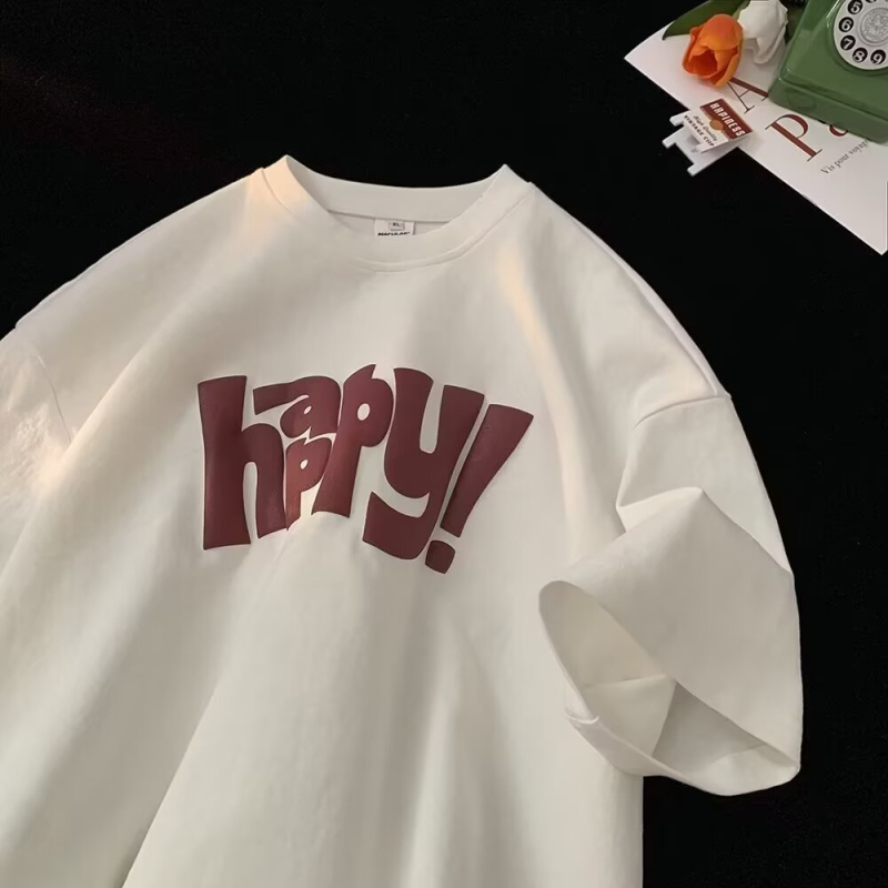 Ανδρικό T-shirt από βαμβάκι, καλοκαίρι 2026, χαλαρή γραμμή, ραγκλάν μανίκια, στρογγυλός λαιμός, εκτύπωση hip-hop με γεωμετρικά μοτίβα