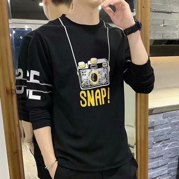 Ανδρικό μακρυμάνικο T‑shirt, φθινοπωρινό κορεατικό στυλ, εφαρμοστή γραμμή, ελαφρύ ύφασμα, εκτύπωση, λαιμός στρογγυλός