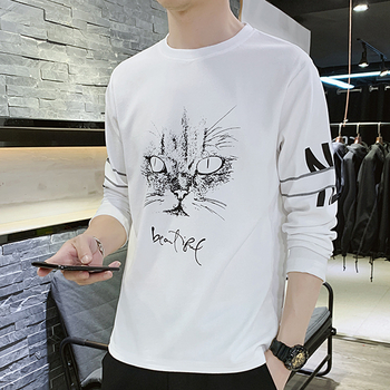 Ανδρικό μακρυμάνικο T‑shirt, φθινοπωρινό κορεατικό στυλ, εφαρμοστή γραμμή, ελαφρύ ύφασμα, εκτύπωση, λαιμός στρογγυλός