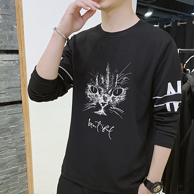 Ανδρικό μακρυμάνικο T‑shirt, φθινοπωρινό κορεατικό στυλ, εφαρμοστή γραμμή, ελαφρύ ύφασμα, εκτύπωση, λαιμός στρογγυλός