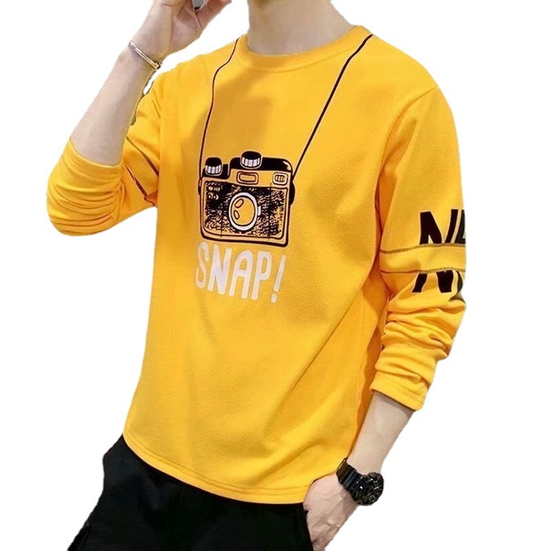 Ανδρικό μακρυμάνικο T‑shirt, φθινοπωρινό κορεατικό στυλ, εφαρμοστή γραμμή, ελαφρύ ύφασμα, εκτύπωση, λαιμός στρογγυλός