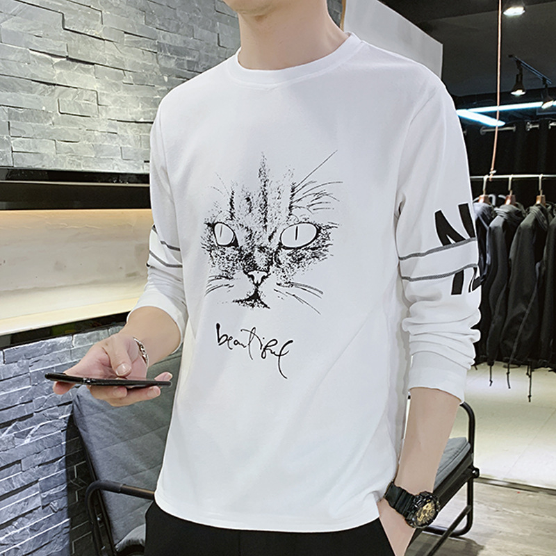 Ανδρικό μακρυμάνικο T‑shirt, φθινοπωρινό κορεατικό στυλ, εφαρμοστή γραμμή, ελαφρύ ύφασμα, εκτύπωση, λαιμός στρογγυλός