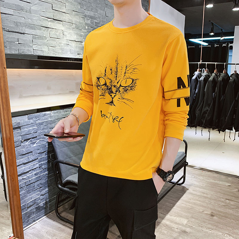Ανδρικό μακρυμάνικο T‑shirt, φθινοπωρινό κορεατικό στυλ, εφαρμοστή γραμμή, ελαφρύ ύφασμα, εκτύπωση, λαιμός στρογγυλός