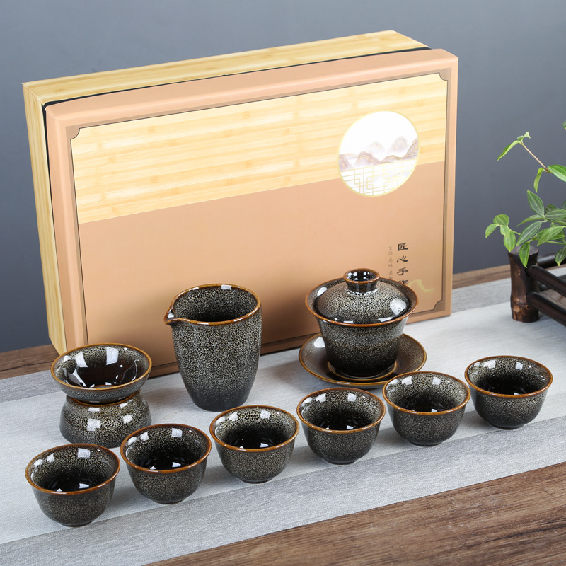 Keramički Gongfu čajni set s prilagodljivim logom, kutija za poklon, šarena glazura, za 6 osoba, Novi kineski stil