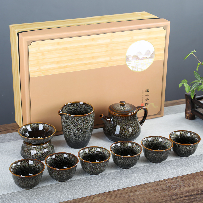 Keramički Gongfu čajni set s prilagodljivim logom, kutija za poklon, šarena glazura, za 6 osoba, Novi kineski stil