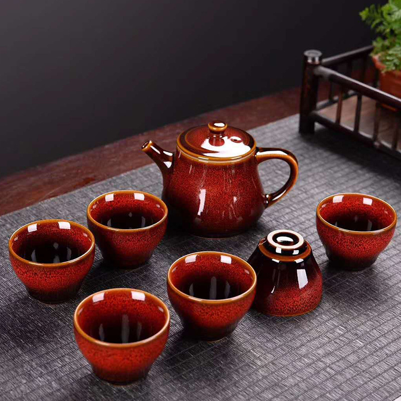 Keramički Gongfu čajni set s prilagodljivim logom, kutija za poklon, šarena glazura, za 6 osoba, Novi kineski stil