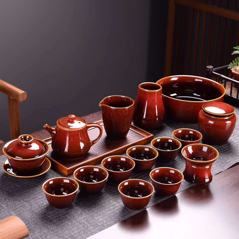 Keramički Gongfu čajni set s prilagodljivim logom, kutija za poklon, šarena glazura, za 6 osoba, Novi kineski stil