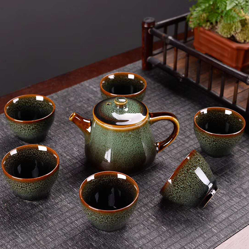 Keramički Gongfu čajni set s prilagodljivim logom, kutija za poklon, šarena glazura, za 6 osoba, Novi kineski stil