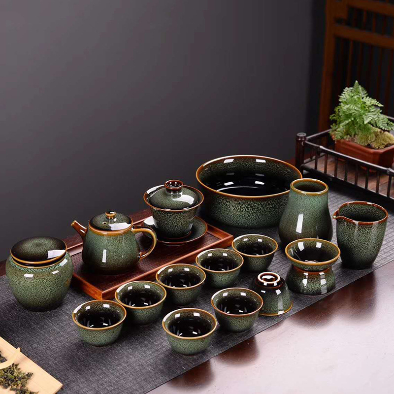 Keramički Gongfu čajni set s prilagodljivim logom, kutija za poklon, šarena glazura, za 6 osoba, Novi kineski stil