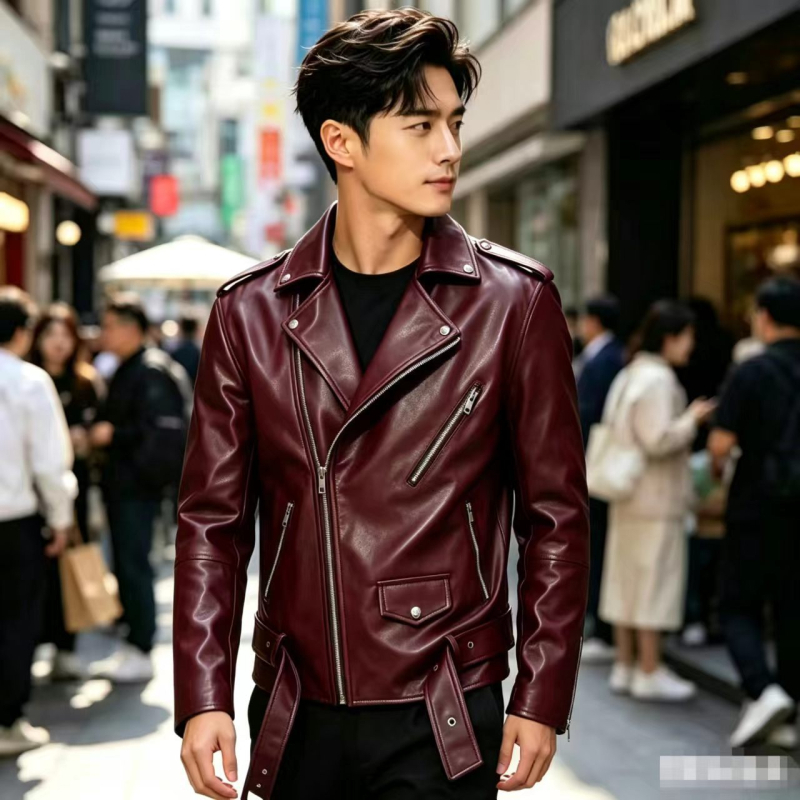 2026 Jachetă din piele pentru bărbați cu rever, jachetă motociclistă, stil coreean, croială largă, îngrijire ușoară, îmbrăcăminte pentru tineri