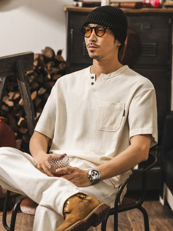 Muška polo majica s Henley ovratnikom od lana, američki retro stil, ljeto 2026