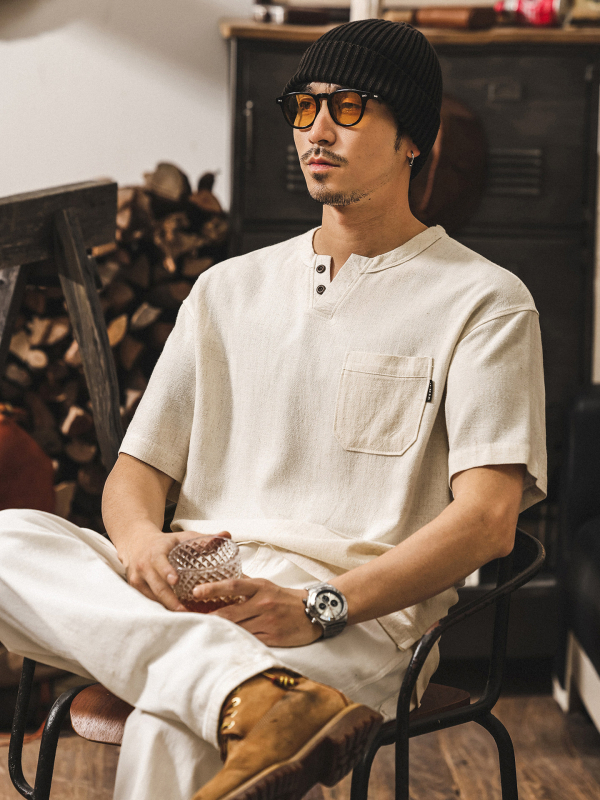 Muška polo majica s Henley ovratnikom od lana, američki retro stil, ljeto 2026