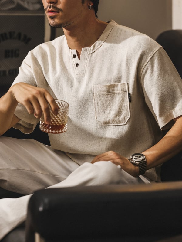 Muška polo majica s Henley ovratnikom od lana, američki retro stil, ljeto 2026