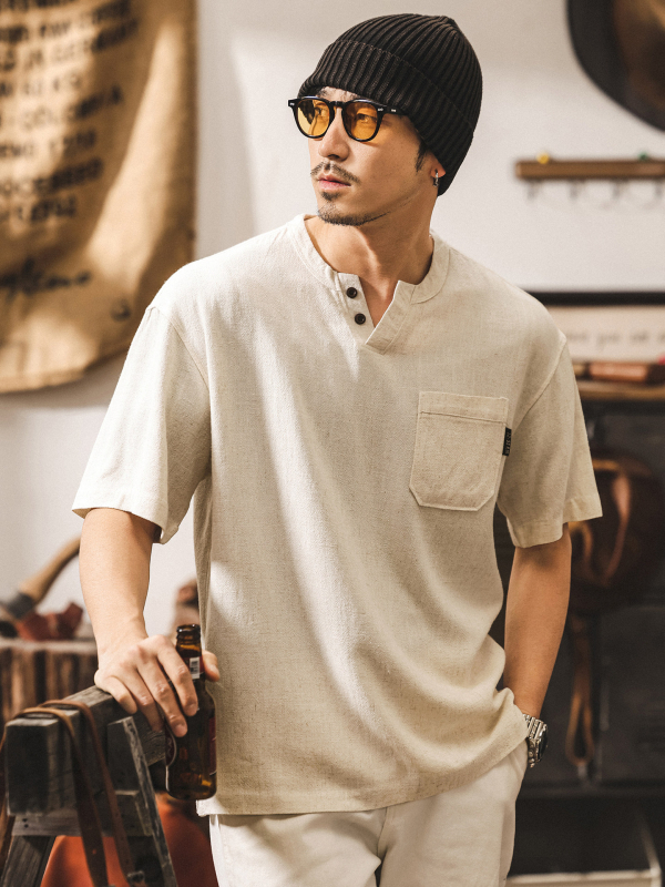 Muška polo majica s Henley ovratnikom od lana, američki retro stil, ljeto 2026