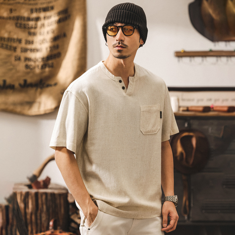 Muška polo majica s Henley ovratnikom od lana, američki retro stil, ljeto 2026