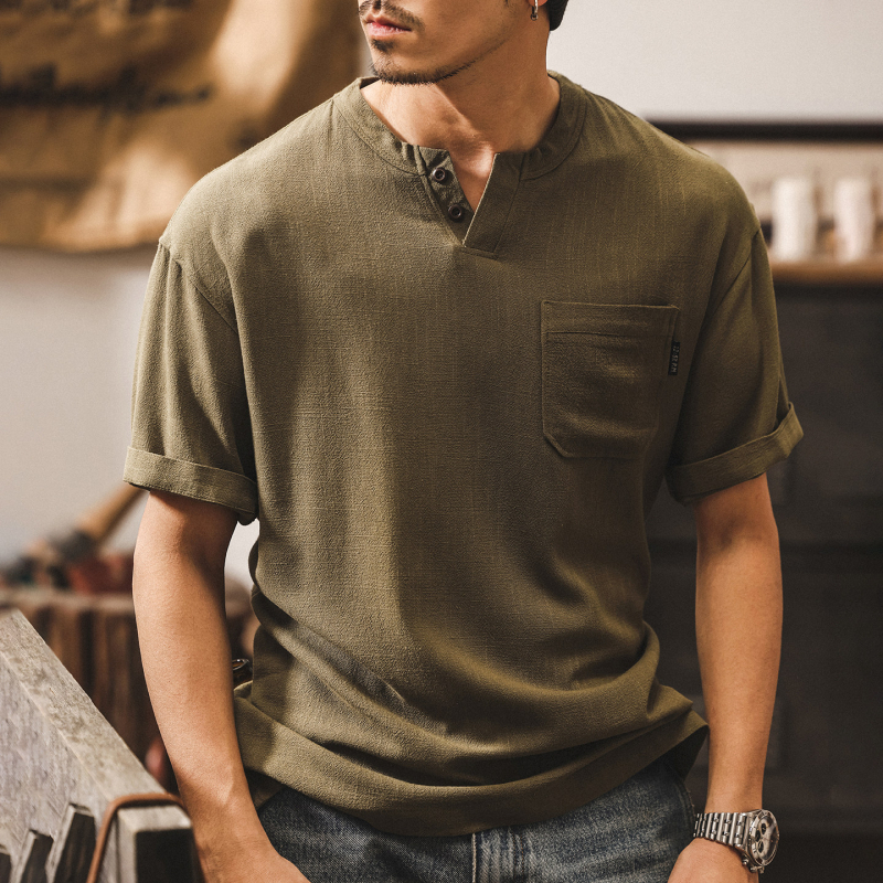 Muška polo majica s Henley ovratnikom od lana, američki retro stil, ljeto 2026