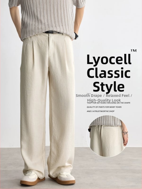 Мъжки лятни панталони Lyocell стил Old Money casual панталони със прав крак и широки крачоли дълги