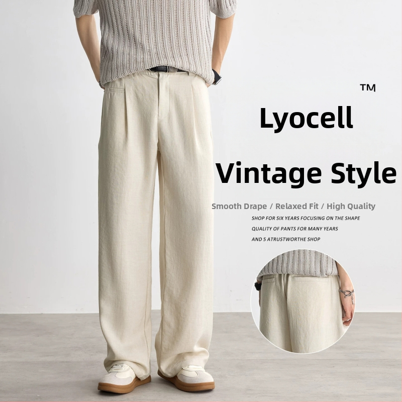 Мъжки лятни панталони Lyocell стил Old Money casual панталони със прав крак и широки крачоли дълги